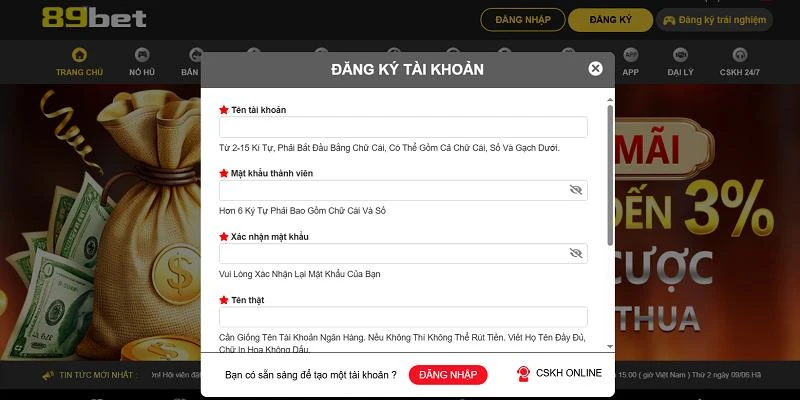 Đăng ký tài khoản 89BET nhanh chóng